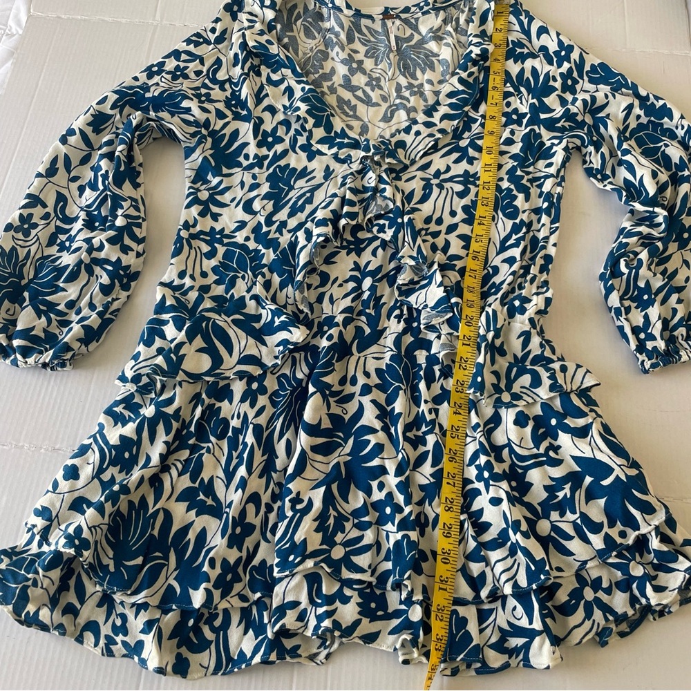Free People Rebecca Blue and White Ruffled Floral Long Sleeve Dress Size M - Picture 7 of 14